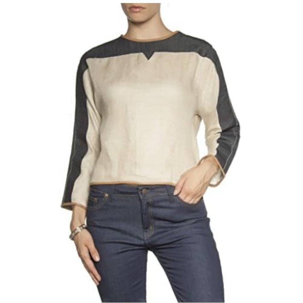 Dina Agam Anthropologie Linen Denim Lambskin Leather Crew Neck Long Sleeve Top M